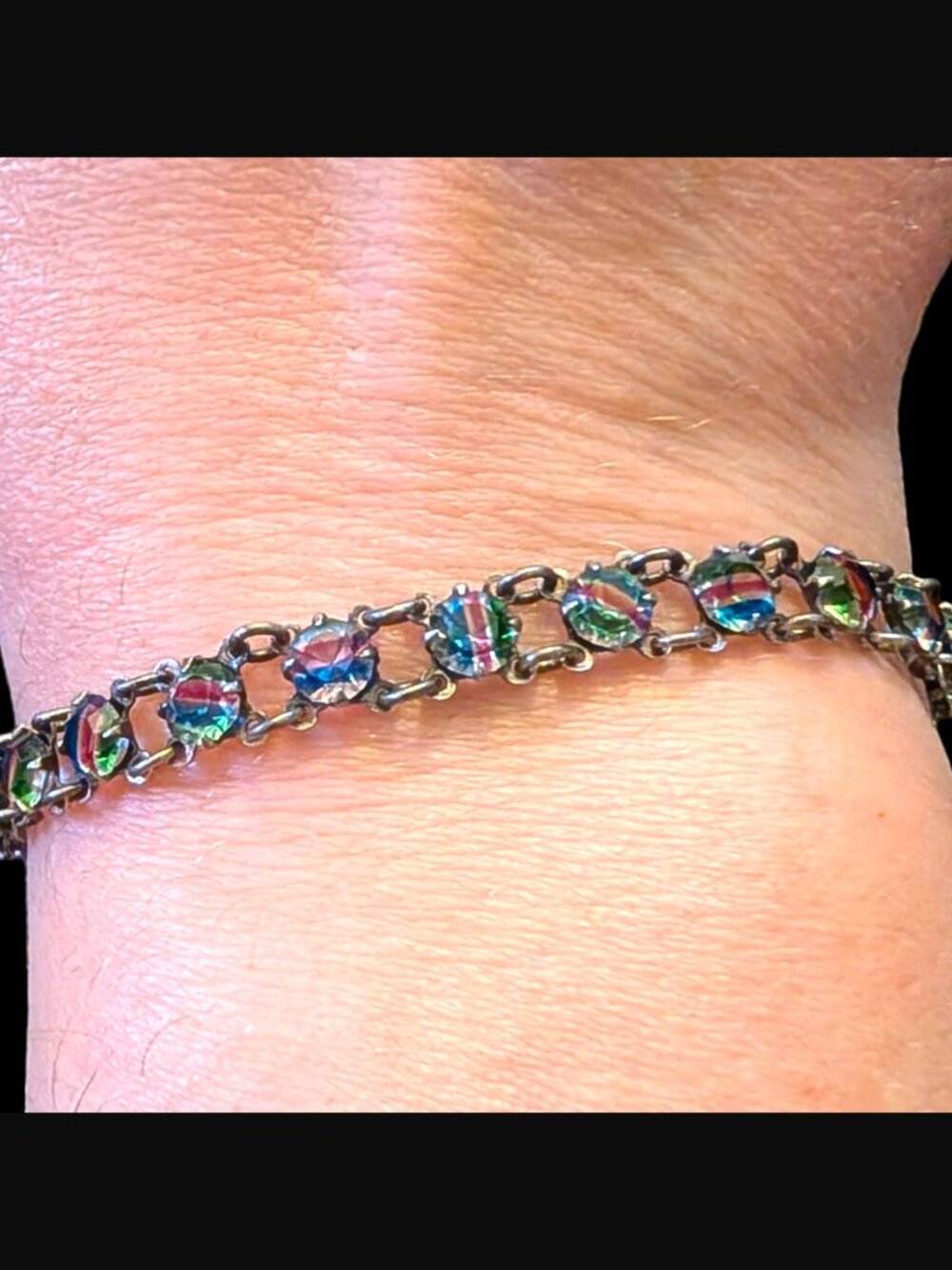Vintage 835 Silver Glass Multi Color Stone Size 6.5" Bracelet